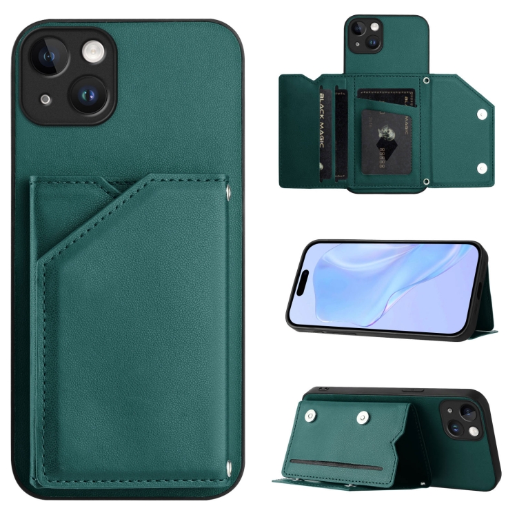 

For iPhone 14 Plus Skin Feel Four Card Slots Phone Case with Wrist Strap(Green)