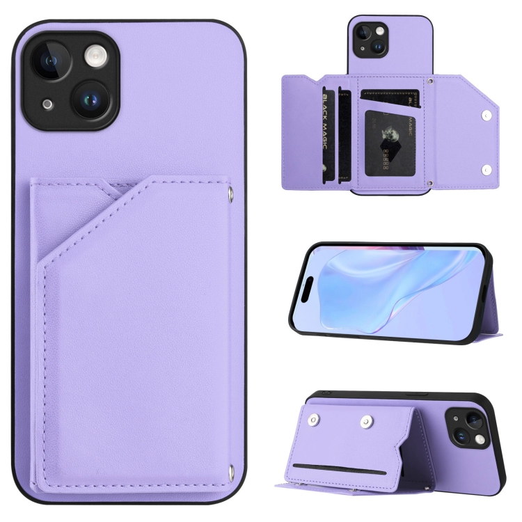 

For iPhone 14 Plus Skin Feel Four Card Slots Phone Case with Wrist Strap(Purple)