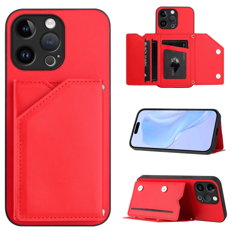

For iPhone 14 Pro Max Skin Feel Four Card Slots Phone Case with Wrist Strap(Red)