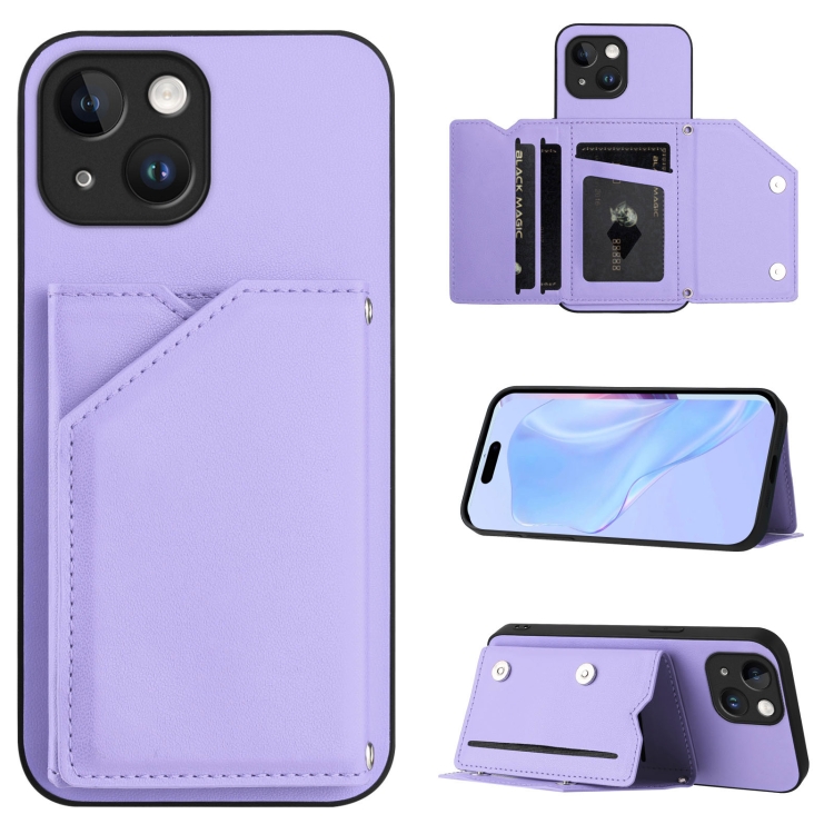 

For iPhone 15 Skin Feel Four Card Slots Phone Case with Wrist Strap(Purple)