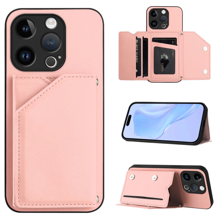 

For iPhone 15 Pro Skin Feel Four Card Slots Phone Case with Wrist Strap(Pink)