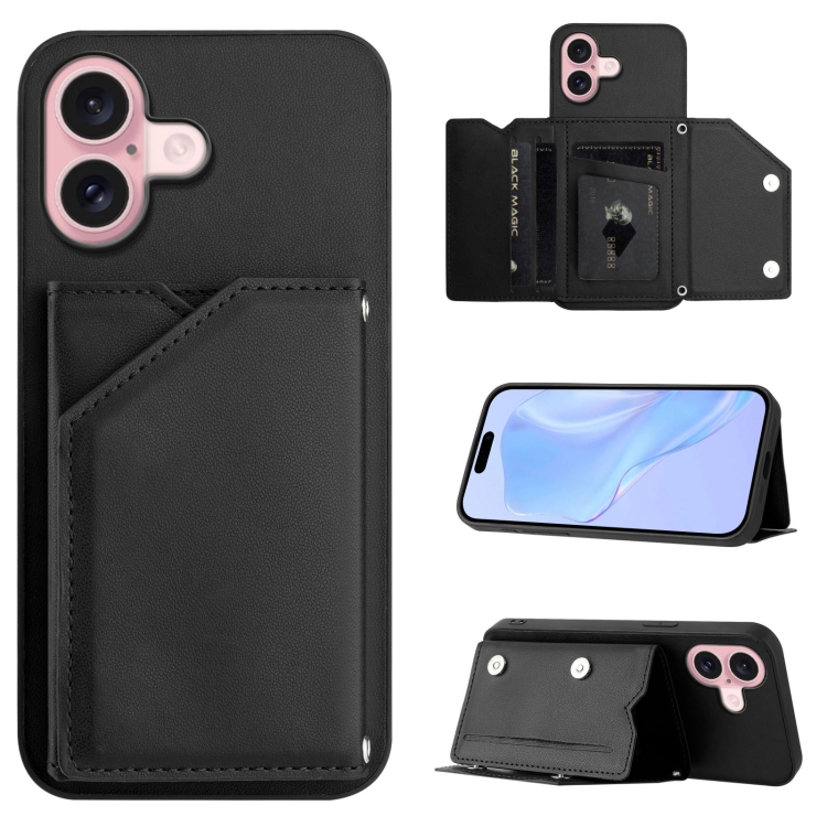 

For iPhone 16 Skin Feel Four Card Slots Phone Case with Wrist Strap(Black)