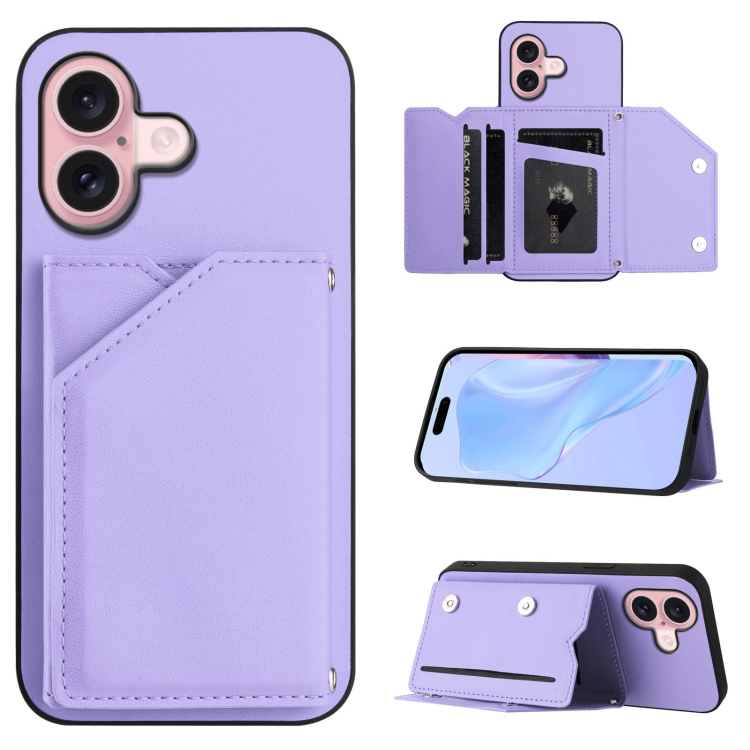 

For iPhone 16 Skin Feel Four Card Slots Phone Case with Wrist Strap(Purple)