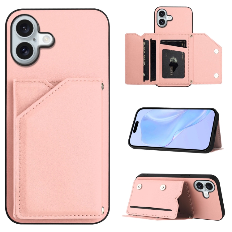 

For iPhone 16 Plus Skin Feel Four Card Slots Phone Case with Wrist Strap(Pink)
