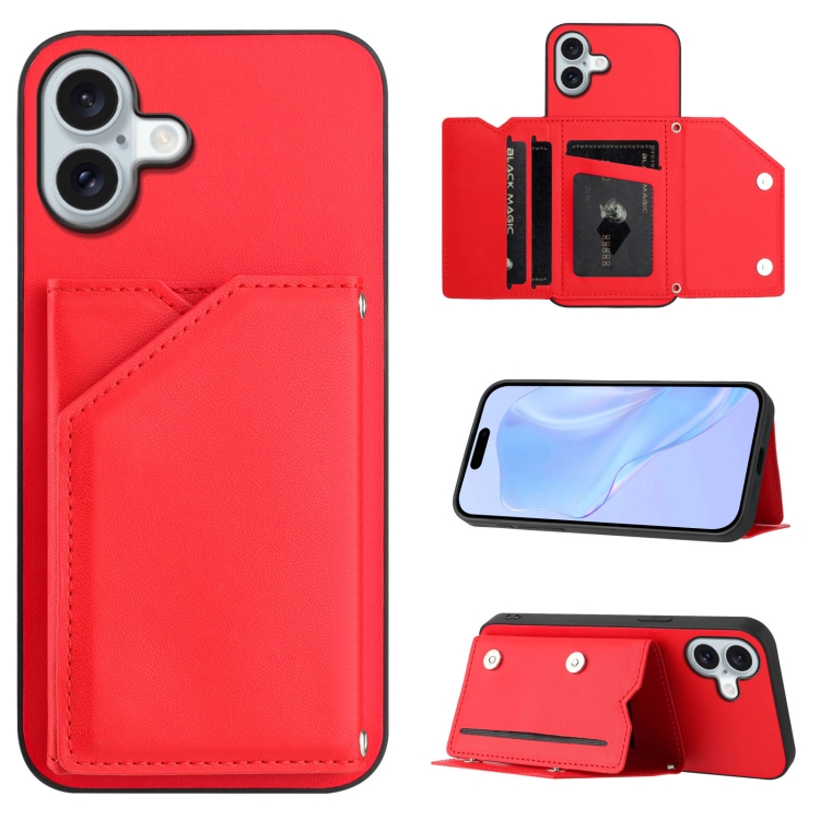 For iPhone 16 Plus Skin Feel Four Card Slots Phone Case with Wrist Strap(Red)