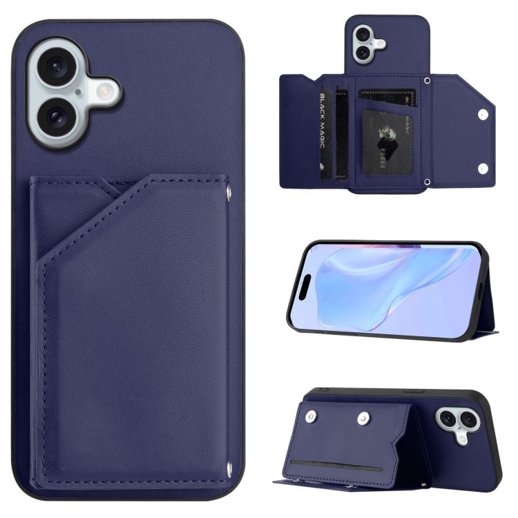 

For iPhone 16 Plus Skin Feel Four Card Slots Phone Case with Wrist Strap(Blue)