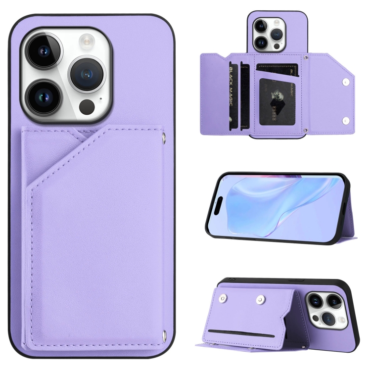

For iPhone 16 Pro Skin Feel Four Card Slots Phone Case with Wrist Strap(Purple)