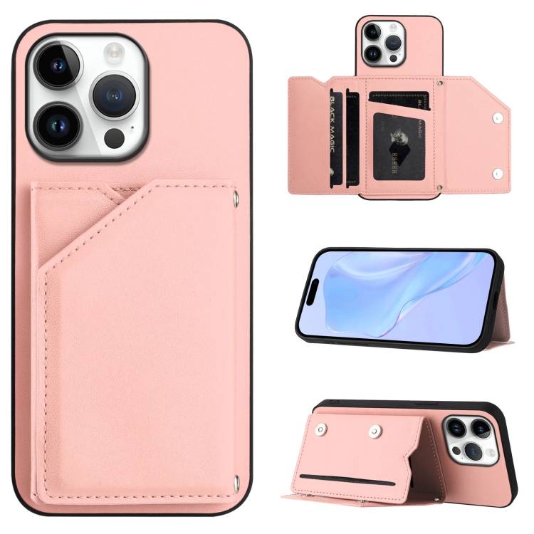 

For iPhone 16 Pro Max Skin Feel Four Card Slots Phone Case with Wrist Strap(Pink)