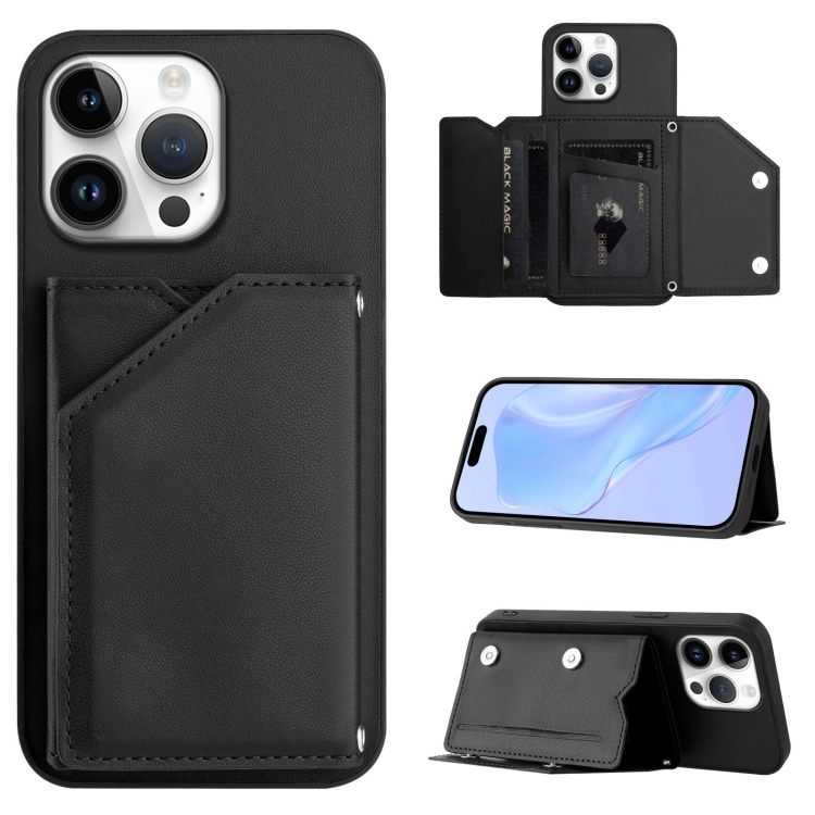 

For iPhone 16 Pro Max Skin Feel Four Card Slots Phone Case with Wrist Strap(Black)
