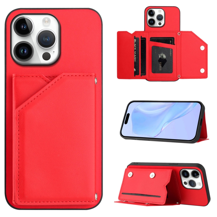 

For iPhone 16 Pro Max Skin Feel Four Card Slots Phone Case with Wrist Strap(Red)