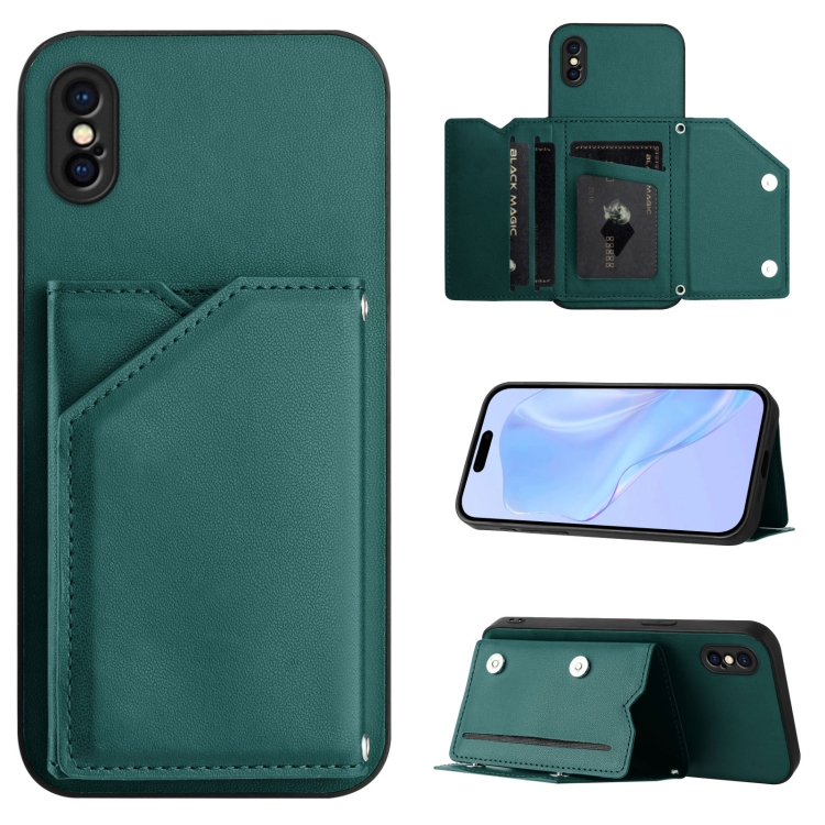 

For iPhone X / XS Skin Feel Four Card Slots Phone Case with Wrist Strap(Green)