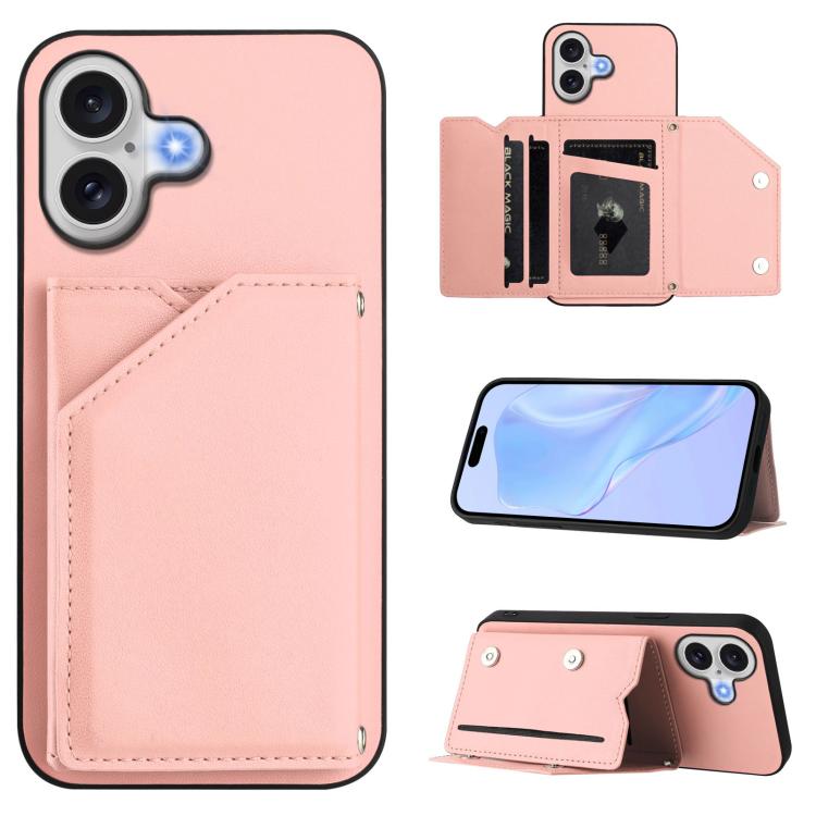 

For iPhone 17 Skin Feel Four Card Slots Phone Case with Wrist Strap(Pink)