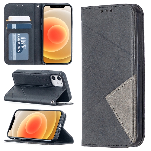 

For iPhone 12 mini Rhombus Texture Horizontal Flip Magnetic Leather Case with Holder & Card Slots(Black)