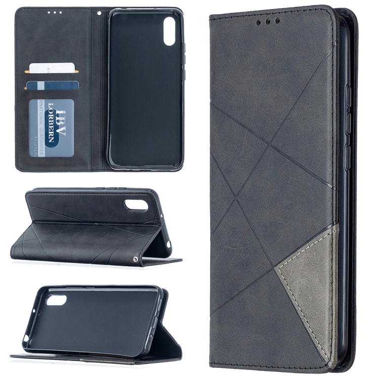 

For Xiaomi Redmi 9C Rhombus Texture Horizontal Flip Magnetic Leather Case with Holder & Card Slots(Black)