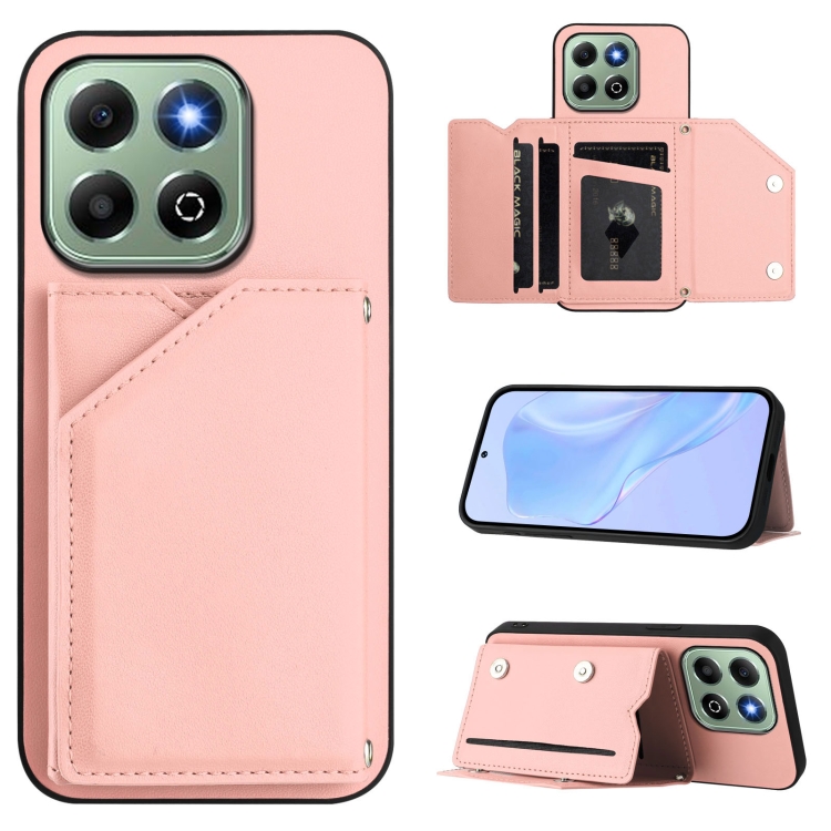 

For Honor X6b Skin Feel Four Card Slots Phone Case with Wrist Strap(Pink)