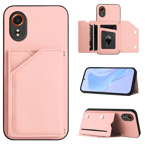 

For Samsung Galaxy Xcover 7 Skin Feel Four Card Slots Phone Case with Wrist Strap(Pink)