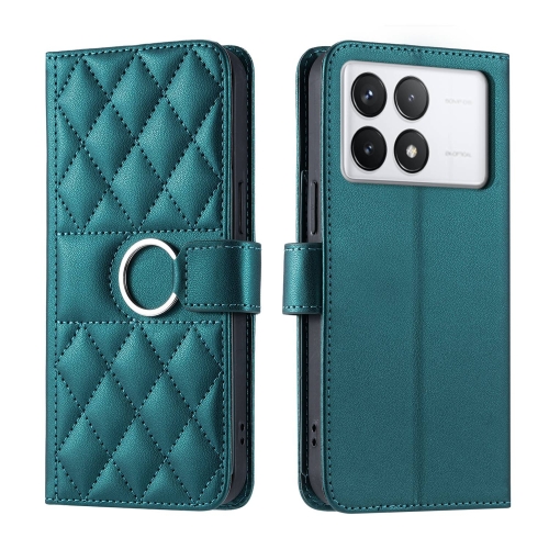 

For Redmi K70E Ring Buckle Rhombic Leather Phone Case(Green)
