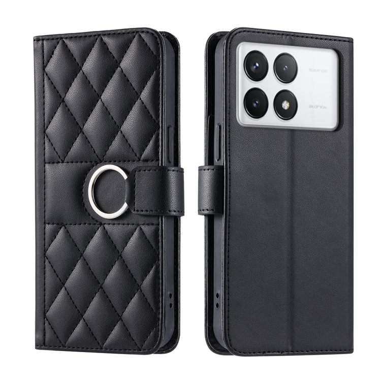 

For Redmi K70E Ring Buckle Rhombic Leather Phone Case(Black)