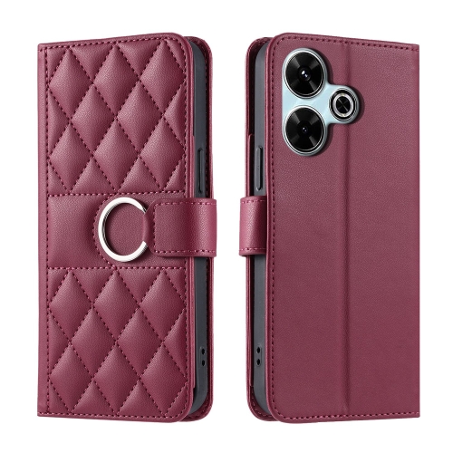 For Redmi 13 4G Global Ring Buckle Rhombic Leather Phone Case(Red)