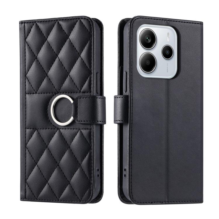 

For Redmi Note 14 Pro 4G Global Ring Buckle Rhombic Leather Phone Case(Black)