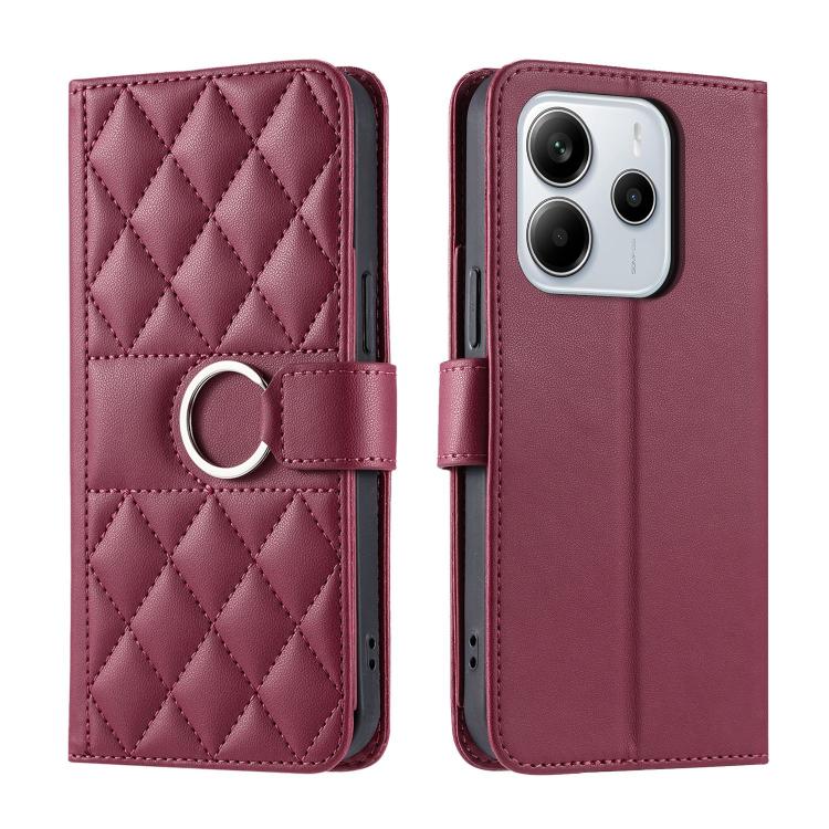 

For Redmi Note 14 4G 163.25mm Global Ring Buckle Rhombic Leather Phone Case(Red)