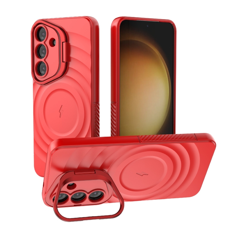 For Samsung Galaxy S25 5G Lens Frame Bracket Corrugated MagSafe Phone Case(Red)