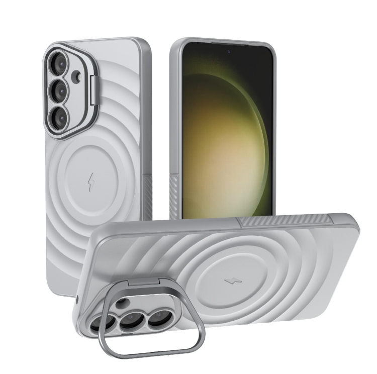 

For Samsung Galaxy S25+ 5G Lens Frame Bracket Corrugated MagSafe Phone Case(Grey)