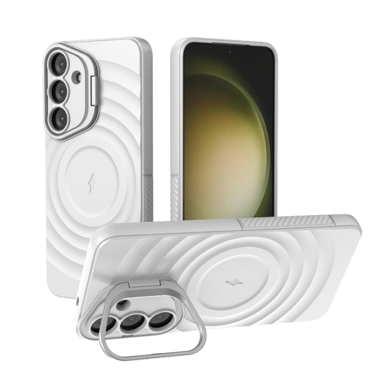 

For Samsung Galaxy S25+ 5G Lens Frame Bracket Corrugated MagSafe Phone Case(White)