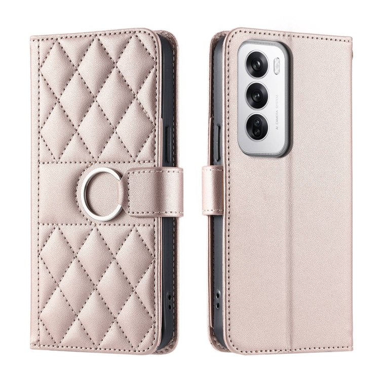 

For OPPO Reno12 5G Global Ring Buckle Rhombic Leather Phone Case(Rose Gold)