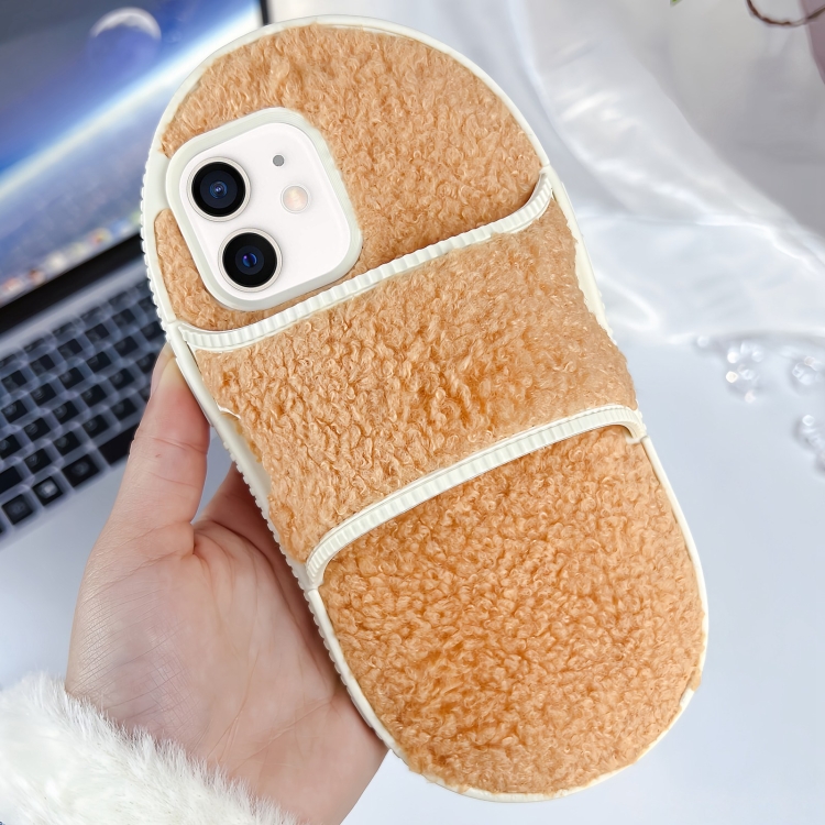 

For iPhone 12 / 12 Pro Creative Plush Slipper Design TPU Phone Case(Light Orange)