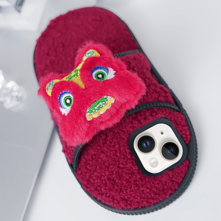 

For iPhone 15 Creative Plush Doll Slipper Design TPU Phone Case(Red Dragon)
