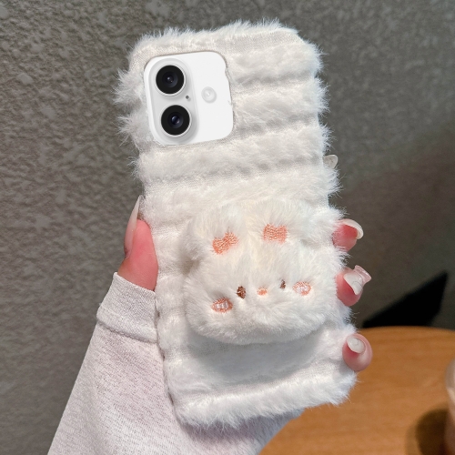 

For iPhone 16 Plus Doll Plush PU Hybrid PC Phone Case(White)