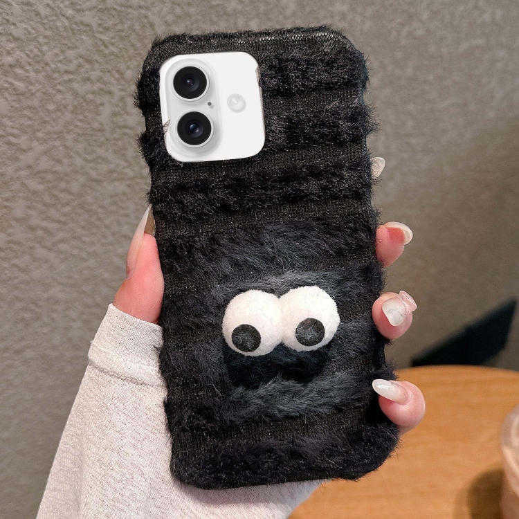 

For iPhone 16 Plus Doll Plush PU Hybrid PC Phone Case(Black)