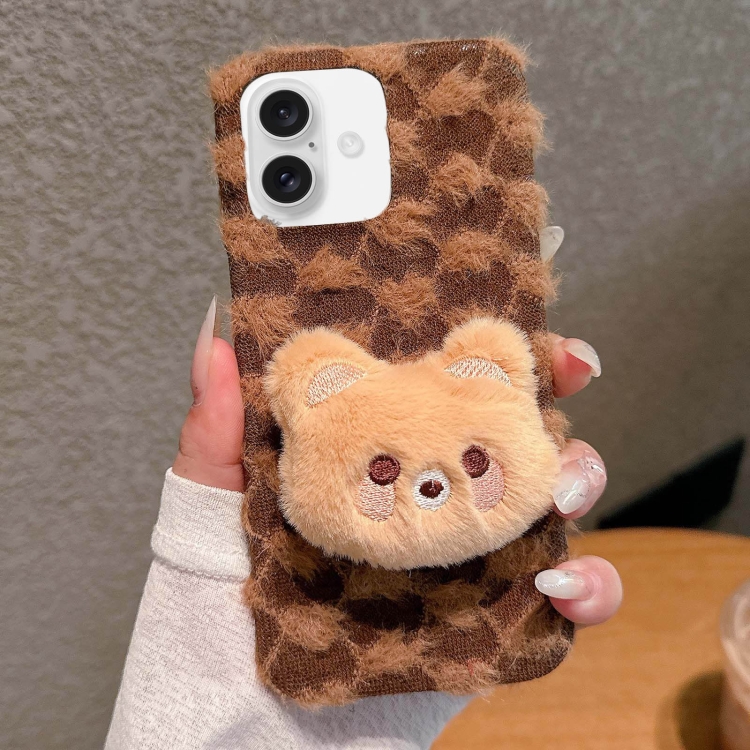 

For iPhone 16 Plus Doll Plush PU Hybrid PC Phone Case(Brown)