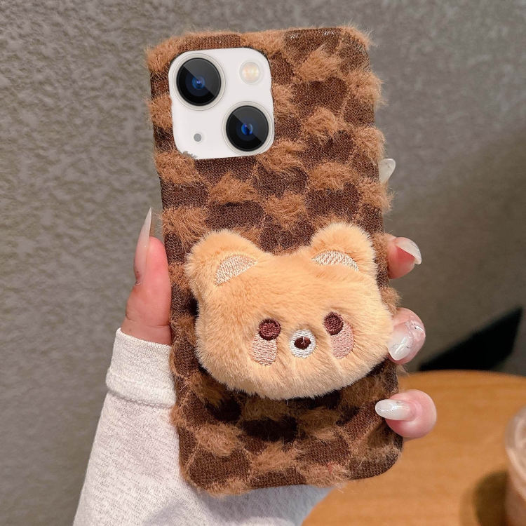

For iPhone 15 Plus Doll Plush PU Hybrid PC Phone Case(Brown)