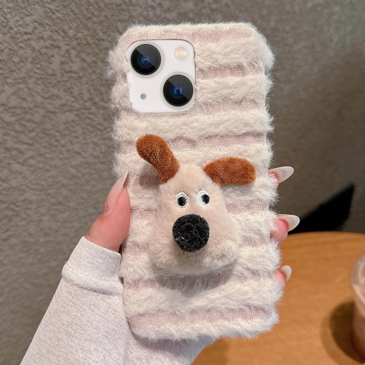 

For iPhone 14 Doll Plush PU Hybrid PC Phone Case(Beige White)