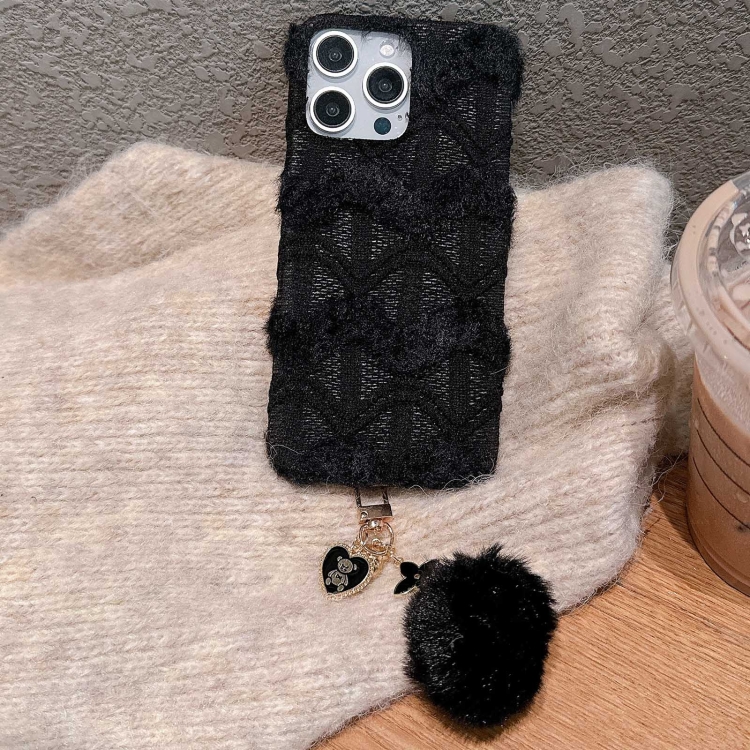

For iPhone 16 Pro Max W-texture Plush PU Hybrid PC Phone Case with Doll Keychain(Black)