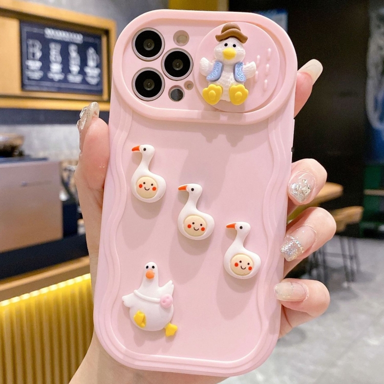 

For iPhone 12 Pro Max Creative 3D Duck Design Sliding Window Full Coverage Phone Case(Pink)