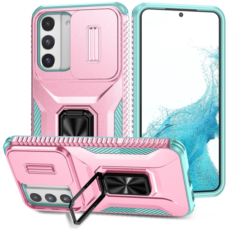 

For Samsung Galaxy S22 5G Sliding Camshield Holder Phone Case(Pink + Grey Green)