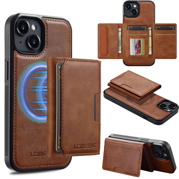 

For iPhone 14 / 13 LC.IMEEKE L5 Series Detachable RFID Card Bag Magsafe Phone Case(Brown)