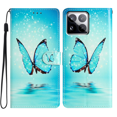 

For Xiaomi 15 Pro Colored Drawing Leather Phone Case(Blue Butterfly)