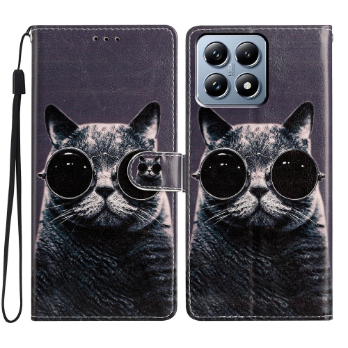 

For Xiaomi 14T Pro Colored Drawing Leather Phone Case(Sunglasses Cat)
