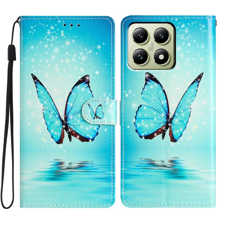 

For Xiaomi 14T Colored Drawing Leather Phone Case(Blue Butterfly)