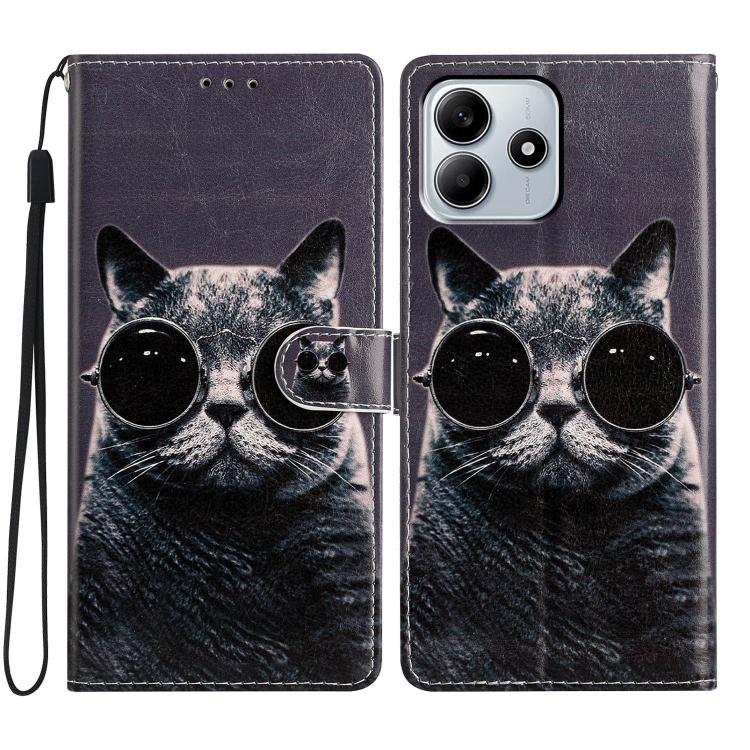 

For Redmi Note 14 5G Colored Drawing Leather Phone Case(Sunglasses Cat)