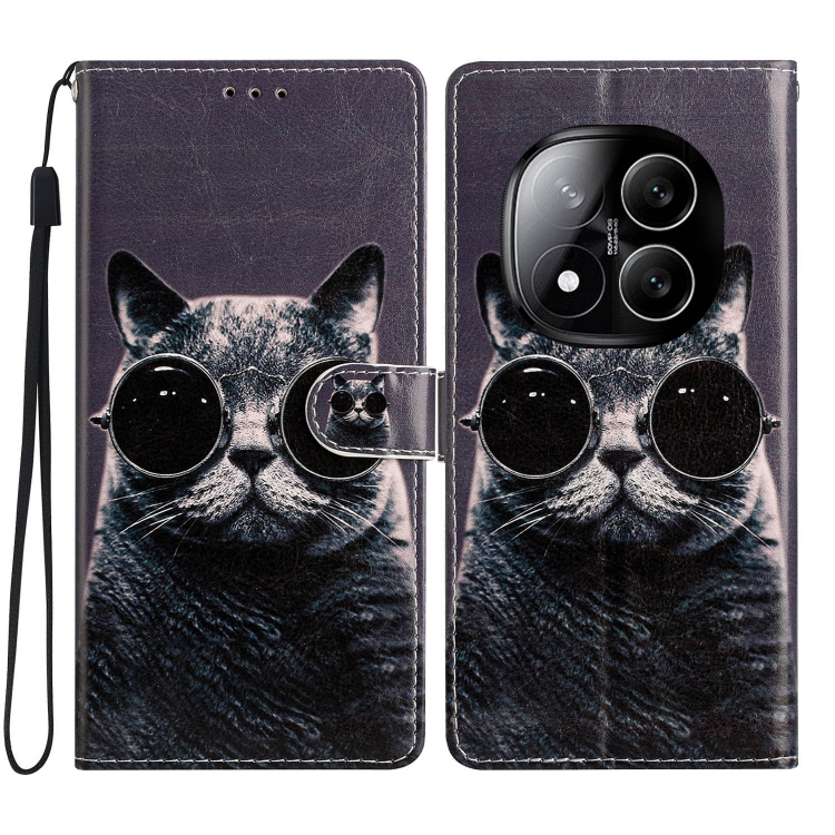 

For Redmi Note 14 Pro+ 5G Colored Drawing Leather Phone Case(Sunglasses Cat)