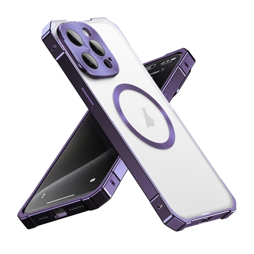 

For iPhone 15 Pro Max Irregular Alloy Frame Fosted Translucent MagSafe Phone Case(Purple)