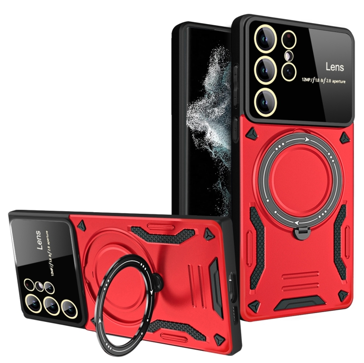 

For Samsung Galaxy S22 Ultra 5G Large Window MagSafe Holder Phone Case(Red)