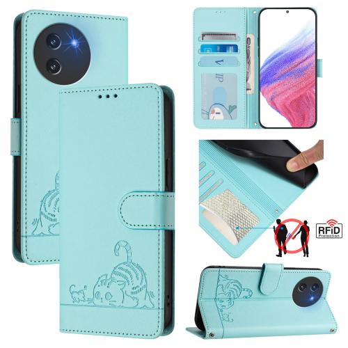 

For Doogee Note 59 5G / Note 59 Pro Cat Rat Embossed Pattern RFID Leather Phone Case with Lanyard(Mint Green)