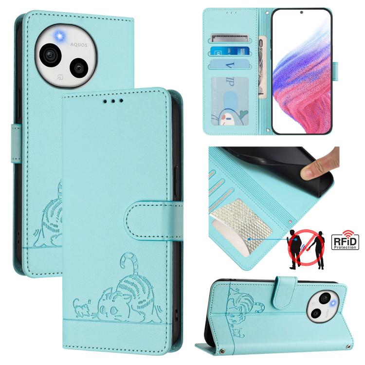 

For Sharp Aquos Sense10 Cat Rat Embossed Pattern RFID Leather Phone Case with Lanyard(Mint Green)
