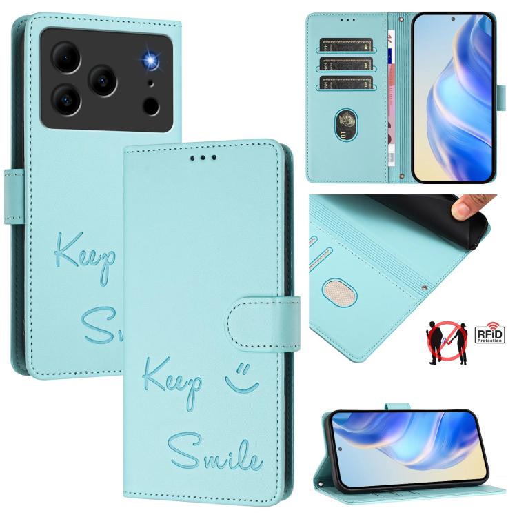 

For Doogee Note 56 / Note 56 Pro Smile Embossing RFID Leather Phone Case(Mint Green)
